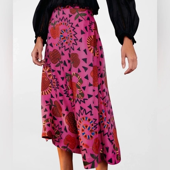 FARM Rio Dresses & Skirts - Farm Rio Snake Apple Print Midi Skirt L Pink Boho Eclectic Maximalist Tropical